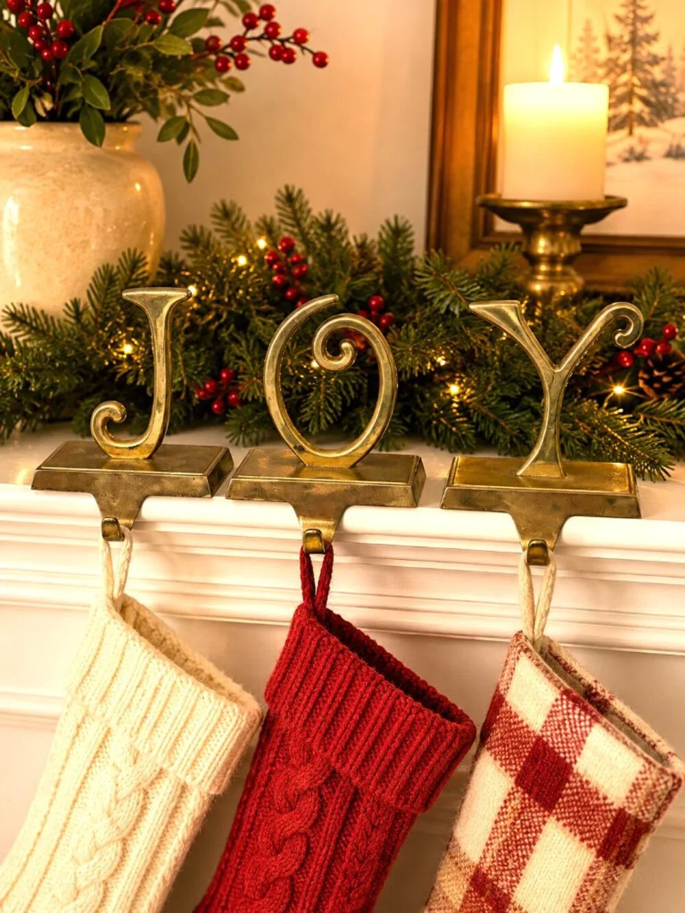 Vintage Brass JOY Stocking Holders Set of 3 Christmas Mantel Decor Holiday Hooks